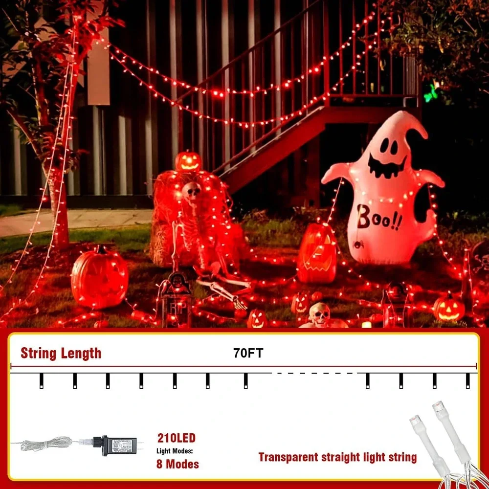 Wastroyal 70ft Red‎ LED String Lights 210LED 8 Modes Outdoor Indoor Halloween
